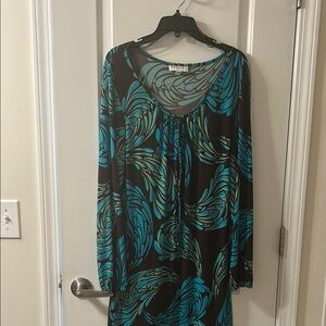 Brown and Teal Long Sleeve Dress